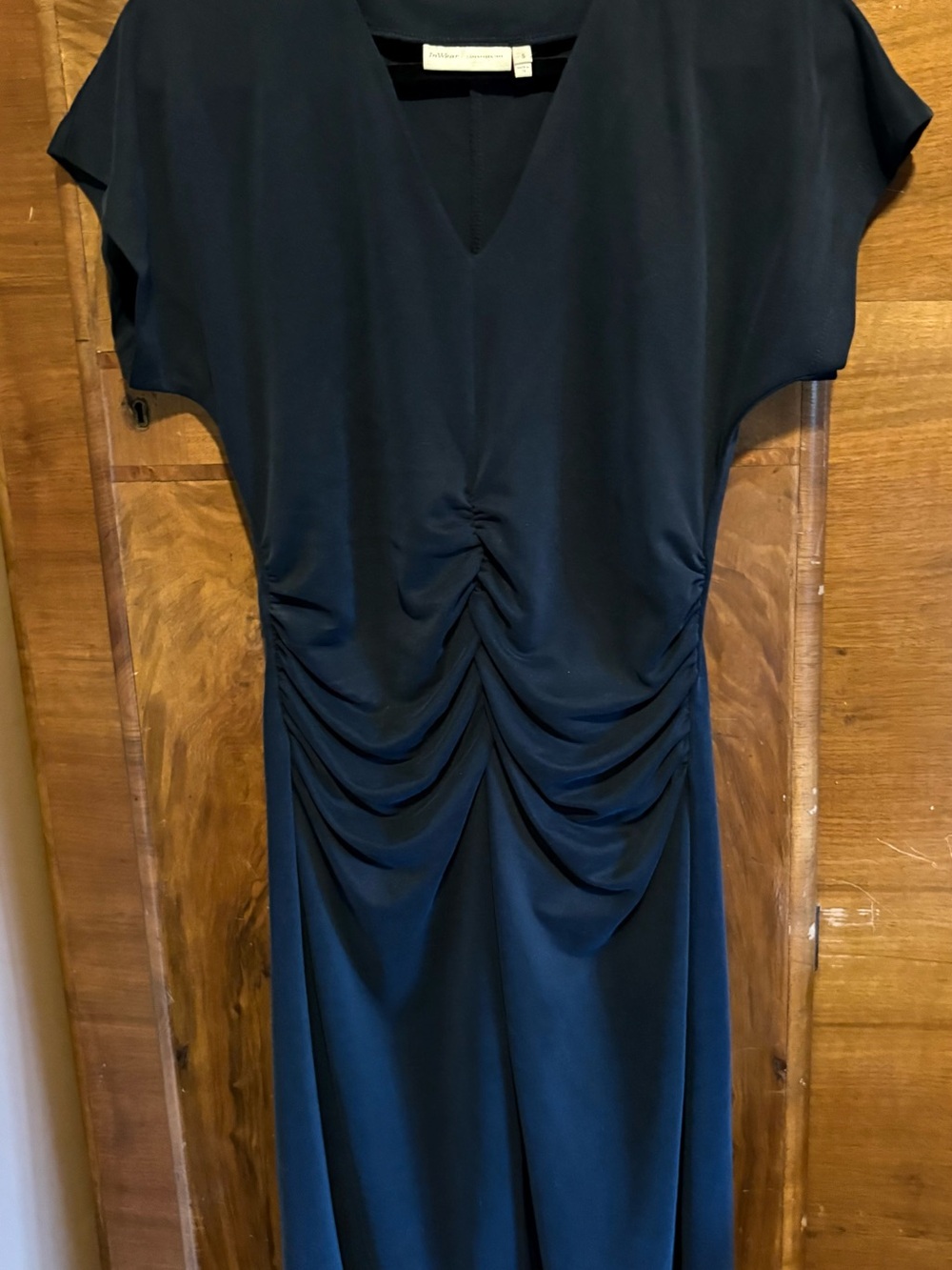 InWear Navy Ruched V-Neck Midi Dress with Short Sleeves